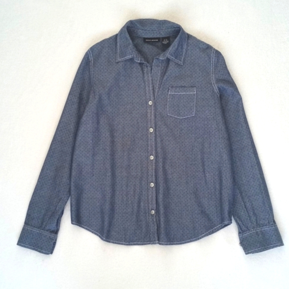 DKNY Jeans Women’s Blue Denim Dot Button Down Long Sleeve to 3/4 Sleeve Shirt XS